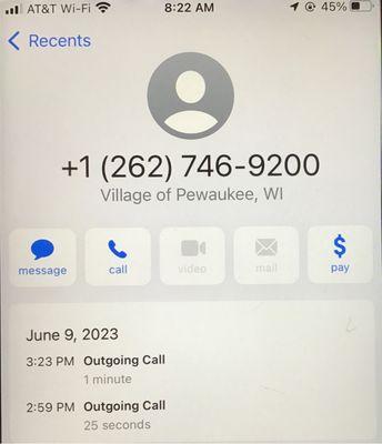 Time of 2:59 phone call on-site after trying to enter building several minutes earlier. 3:23 call was made after driving back home.