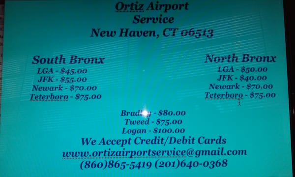 WE ALSO SERVICE N.Y AND N.J PRICES INCLUDE TOLLS. WE ALSO DO LOCAL RUNS. WE ACCEPT CASH/CREDIT/DEBIT AND AMERICAN EXPRESS.