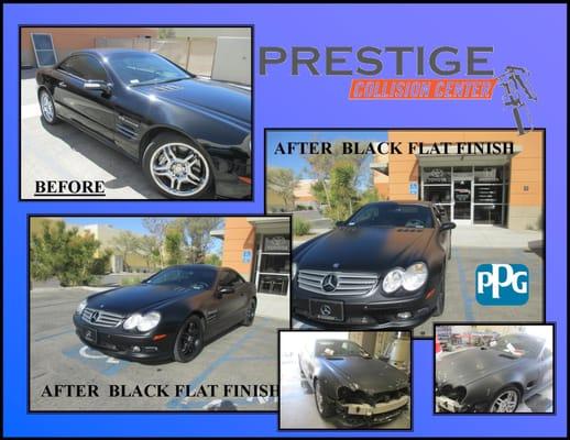 04 Mercedes SL55 Flat black finish :) 
If you are looking for a fresh new and modern look on your car this is a good option!!