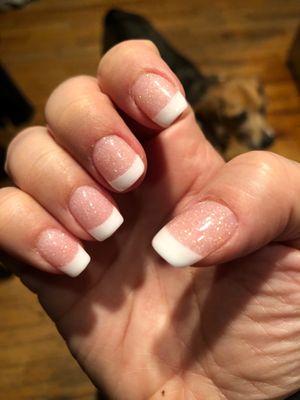 First powder gel manicure and my dog. Middle finger nail is short because I broke it shoveling snow ‍