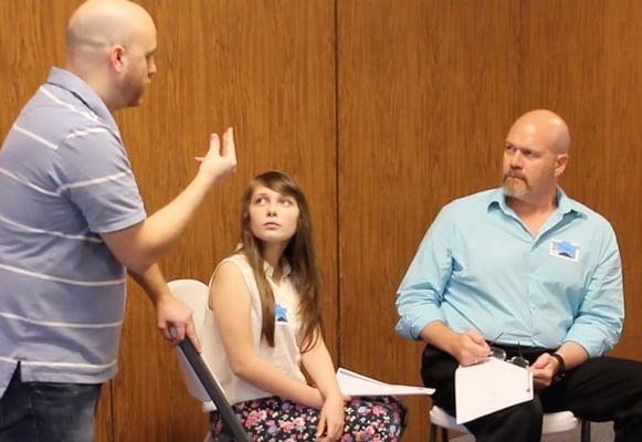 Jason Davidson leads a Meisner intensive at the FWAS Celebrity Workshop --Also here, Sara Grace Preajean of Aria Appleton & Brian Mathis.