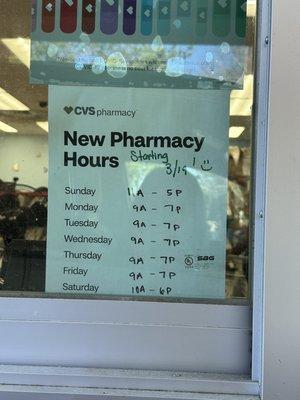 New pharmacy hours as of 3/19/2023