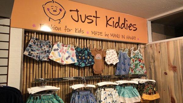 Just for the keikis, from baby clothes, toddlers, infants and kids. All made in Hawaii. Onesies, dresses, shorts and footwear.