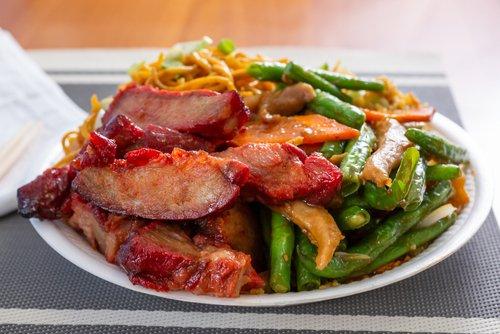 Combo B: Fried Rice, Chow Mein, BBQ Chicken and Chicken Green Beans