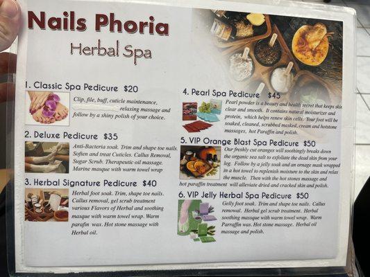 Pedicure menu