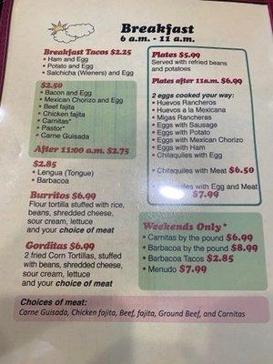 Breakfast menu