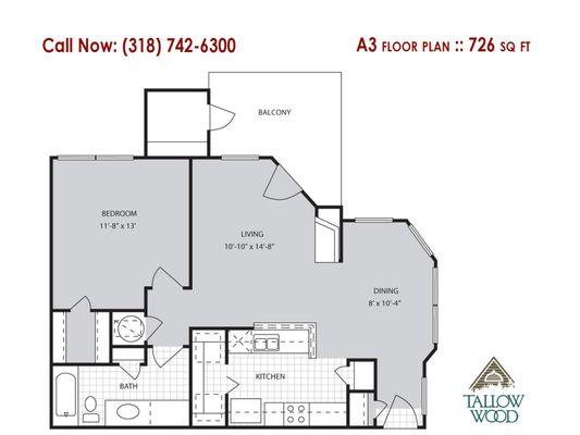 Tallow Wood Apartments A3 Floor Plan :: 726 sq ft