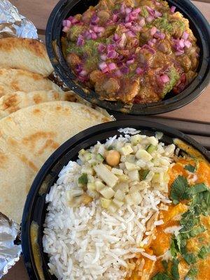 Chicken curry bowl (bottom), naan, Samosa Chaat (top)