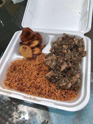 Jerk chicken, Caribbean rice, and plantains