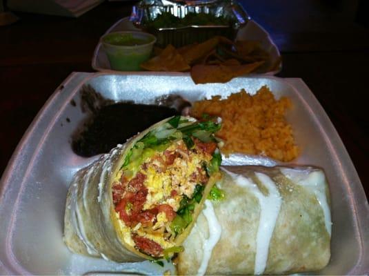 Breakfast Burrito- Chorizo,  Eggs and Cheese with Pico de Gallo an rice and beans