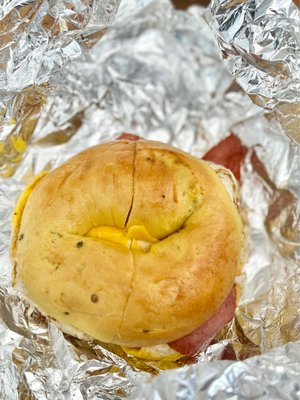 Pork Roll, Egg and Cheese Sandwich on a jalapeño cheddar bagel