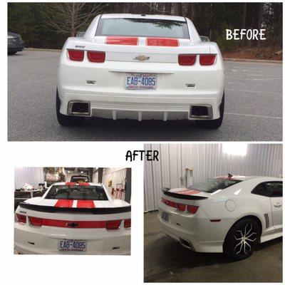 Before & After: stripes/spoiler/red horizontal stripe b/w tail lights w/ a black chevy bow tie