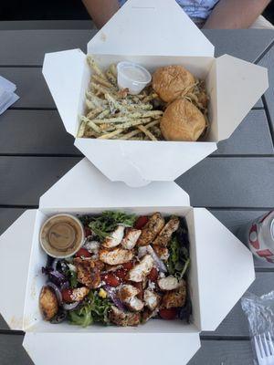 Filet sliders with truffles fries and Salad with blackened chicken