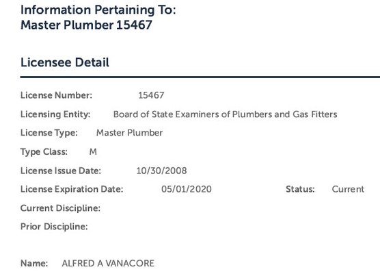 Master Plumber's License for Al Vanacore at Wingman Plumbing in North Attleboro, MA