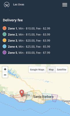 Delivery areas with minimum order cost and delivery fees