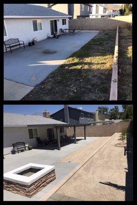 Before and after. Jeff's crew built our retaining wall, poured new cement and built our fire pit.