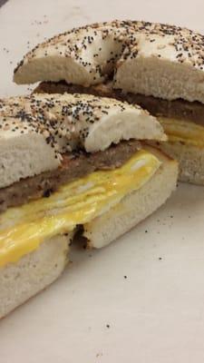 Sausage, Egg, and Cheese on Everything Bagel