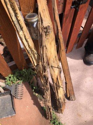 Termite damaged wood removed from an entry way