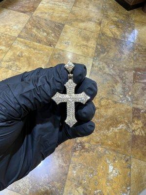 14k yellow gold custom in house designed gothic cross with diamonds. VS-1 clarity F color goods.