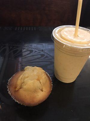 peach muffin and peaches and cream smoothie.