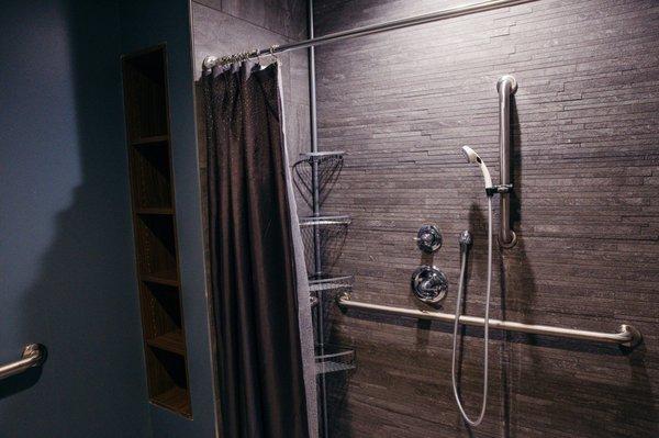 Private showers and full service locker rooms.