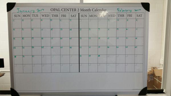 Dry-erase calendar for a local theatre.