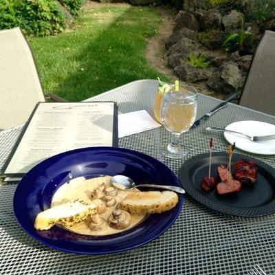 Sauteed Mushrooms in sour cream and sherry and BBQ Rattle snake and Rabbit Sausage on the patio