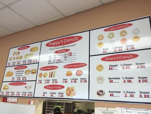 Variety of Happy Donuts Menu