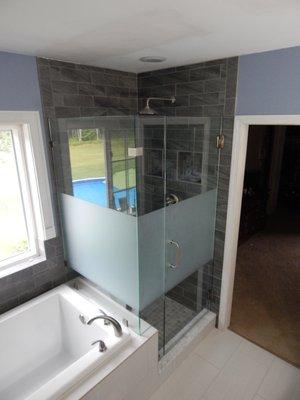 Custom 90 degree shower surround with privacy glass!