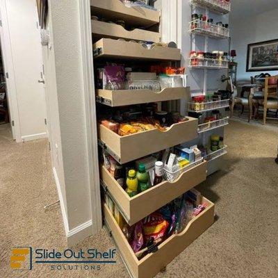 Turn a closet into a pantry with custom built and installed slide out shelves - made exactly for your storage spaces!