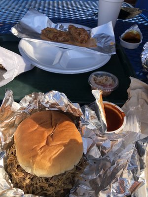 Wings and brisket sandwich