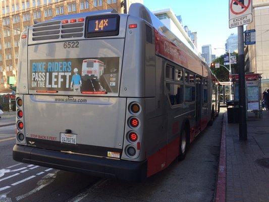 New Flyer Xcelsior XDE 60' #6522 on route 14X Mission Express heading Inbound to Ferry Plaza.