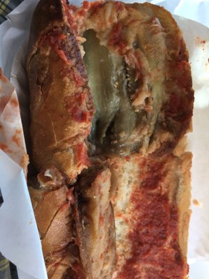 Eggplant Parm grinder loaded with sliced eggplant and mozzarella cheese. So hot and so good. The grinder and the pizza are our go to items