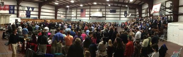 A photo I took a while ago of our Church during a service. Yes, we still meet in a gym - a temporary thing for a little while longer!