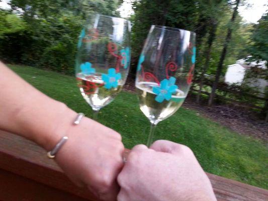 Celebrating our new place with the glasses Sharlene gave us. We use them once a year ever since!