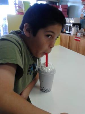 Drinking a Taro Smoothie with Boba! Good stuff!