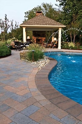 Pool Deck Coventry Stone I and Fireplace with Cast Veneer Stone