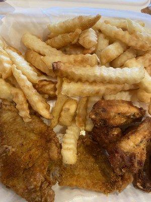 Lemon pepper wings, catfish, fries-5 pc wing and 2pc fish combo