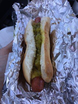 Hot Dog with mustard and relish, $2.00