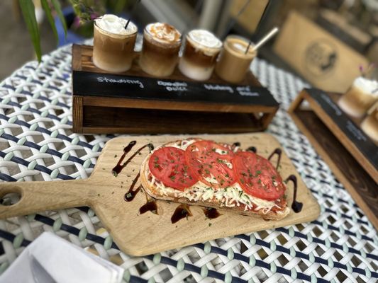 Latte flight and Margherita flatbread