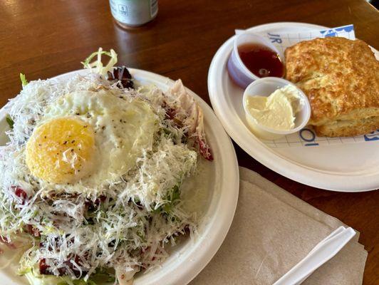 "breakfast salad" - Mustardy-honey, frisée, radicchio, bacon, parm & fried egg. Best biscuit in WNC!