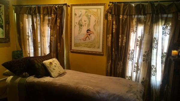 Relaxing massage room.  Integrative bodywork, scrubs, and spa facials available.