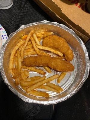 Chicken fingers with fries.