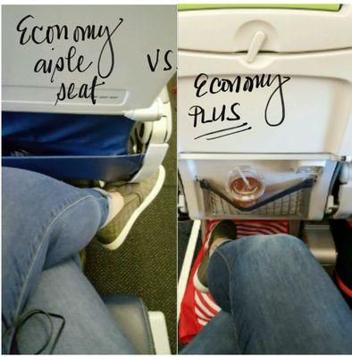 Re:leg room. I'm 5'2".Both are aisle seats.Left is economy seating, right is economy plus/premium (behind first class).Much more space.