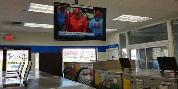 One of three hanging Tv's.