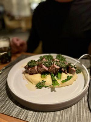 Steak, whipped potatoes, broccolini