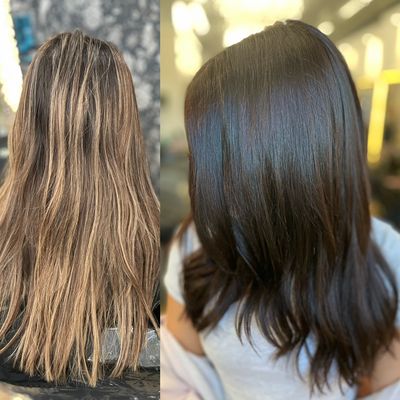 Before & After blonde highlights to a rich chocolate brown