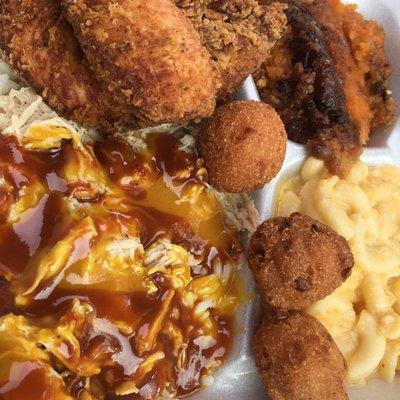 Chicken Hash & Bash Chicken combo with Macaroni Pie and Sweet Potatoes