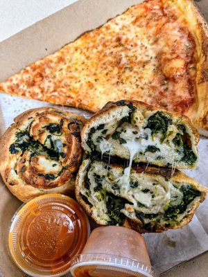 Plain slice w/ spinach & mozzarella pinwheel