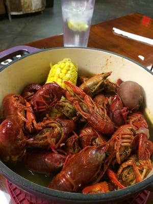 Crawfish with potatoes and corn on the cob. Perfectly seasoned. Delicious!